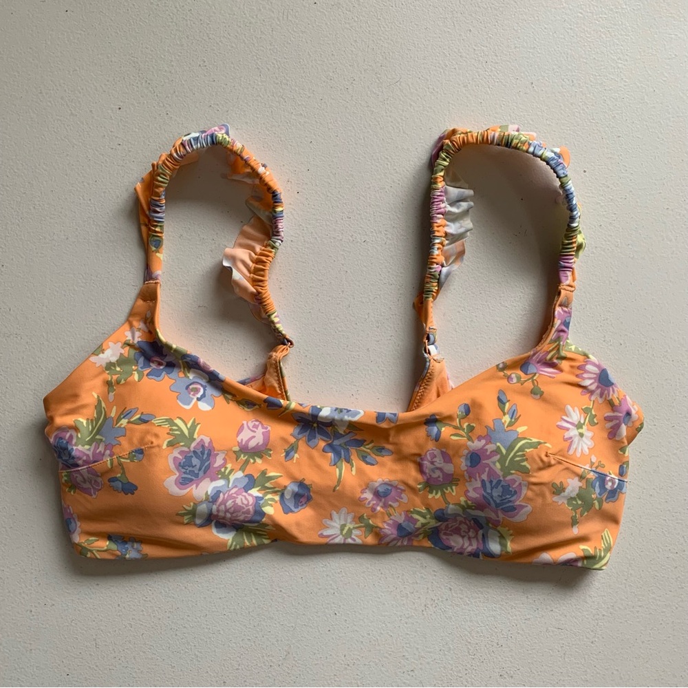 Aerie Peach Floral Scoop Bikini Top Size XL Ruffle Straps Swimwear NWT